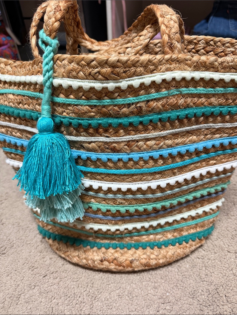 Chico's Straw Tote with Turquoise, Aqua and White Trim